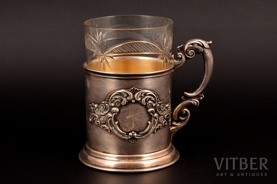 tea glass-holder, silver, with glass, 84 standard, weight of silver 148.85, h (with handle) - 9.8, Ø (internal) - 7.1, h (glass) - 10 cm, by Ludwig Rozentahl, the 20-30ties of 20th cent., Riga, Latvia
