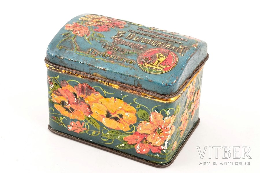 tējas kastīte, V. Visockijs un Ko, metāls, Krievijas impērija, 19. gs. beigas, 8.2 x 5.7 x 6 cm