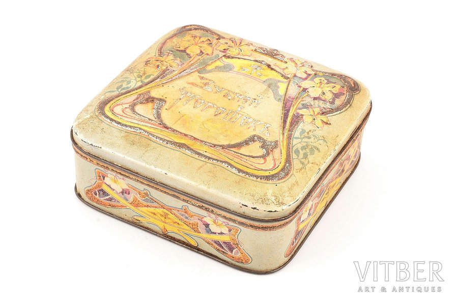 коробочка, "Зубной порошок", модерн, металл, Российская империя, конец 19-го века, 11.1 x 11.1 x 4.4 см