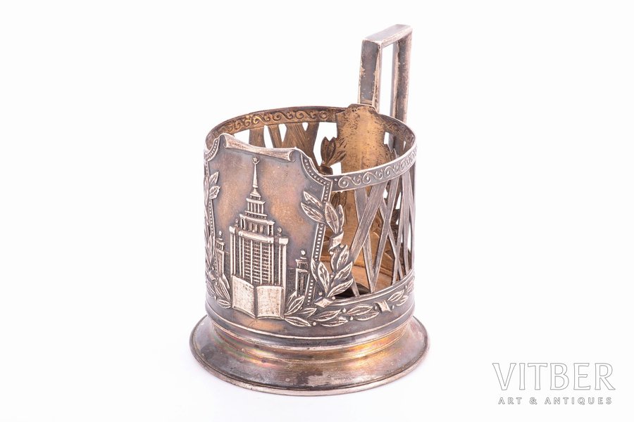 tea glass-holder, silver, Moscow State University, 875 standard, 109.30 g, Ø (inside) = 6.6 cm, h (with handle) = 9.6 cm, "Moscow Jeweller" artel, 1954, Moscow, USSR