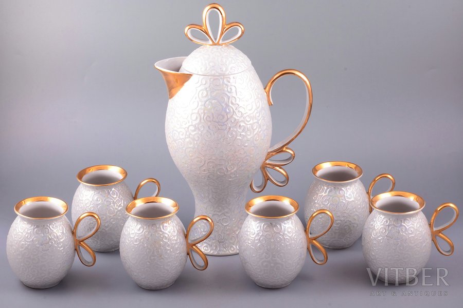 service, 7 items: teapot and 6 cups, porcelain, sculpture's work, by Betarice Karklina, Riga (Latvia), USSR, the 70-80ies of 20th cent., h (teapot) 29.5 cm, h (cup) 9.2 cm