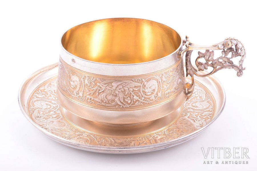 tea pair, silver, 950 standard, 291.85 g, h (cup, with handle) 6.2 cm, Ø (saucer) 15.9 cm, Alphonse Debain, 1883-1911, Paris, France