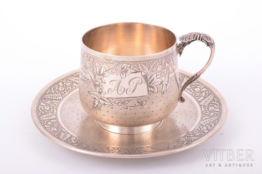 tea pair, silver, 950 standard, 140.95 g, h (cup) 5.5 cm, Ø (saucer) 12.1 cm, Ernest Compère, 1868-1888, Paris, France