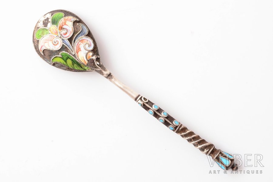 spoon for salt, silver, 84 standard, 6.25 g, cloisonne enamel, 7.1 cm, workshop of Maria Semenova, Russia