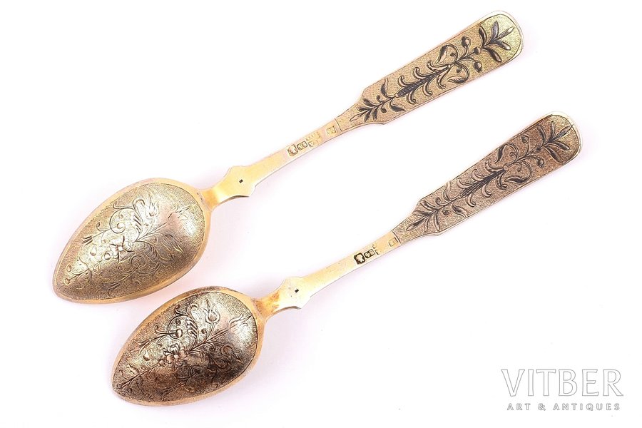 pair of spoons, silver, 84 standard, total weight of items 46.06, niello enamel, gilding, 14.2 cm, 1839, Moscow, Russia