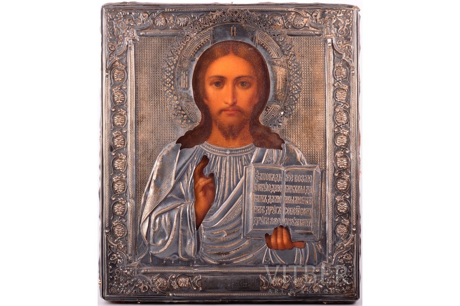 ikona, Jēzus Kristus Pantokrators, dēlis, sudrabs, gleznojums, 84 prove, Krievijas impērija, 1896-1907 g., 31 x 27 x 3.3 cm, вес оклада 192 g.