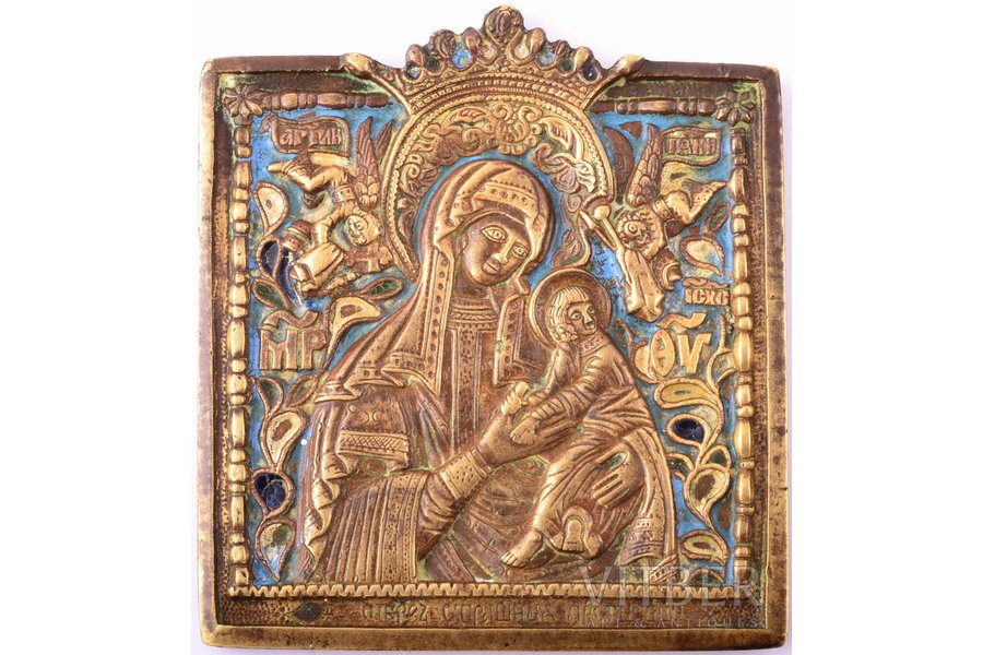 ikona, Vissvētā Dievmāte (Strastnaja), vara sakausējuma, 4-krāsu emalja, Krievijas impērija, 20. gs. sākums, 9.3 x 8.4 x 0.5 cm, 293.05 g.