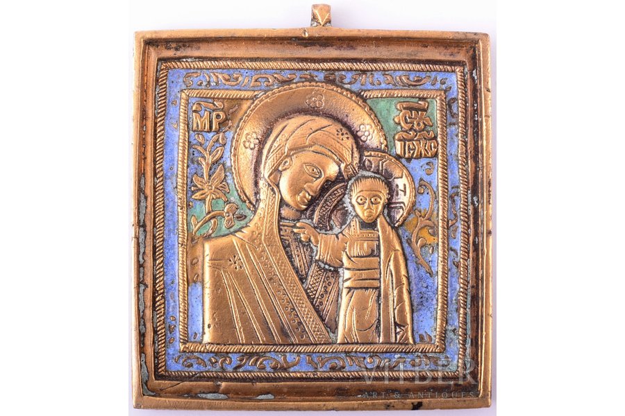 ikona, Kazaņas Dievmāte, vara sakausējuma, 3-krāsu emalja, Krievijas impērija, 19. un 20. gadsimtu robeža, 6.1 x 5.4 x 0.4 cm, 69.4 g.