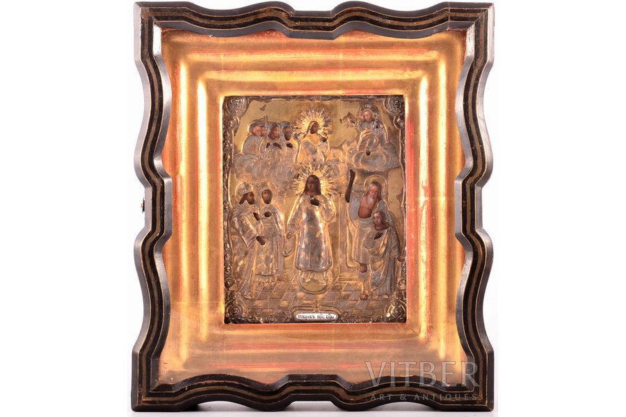 icon, Protection of the Mother of God, in icon case, silver oklad with enamel detail, board, silver, painting, guilding, 84 standart, Russia, 1861, 17.9 x 14.4 x 1.8 / 29.4 x 25.8 x 7 cm, oklad weight 79.05 g.
