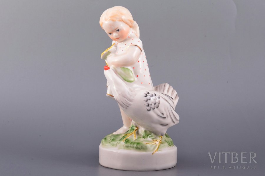figurine, A girl with a chicken ("Sunflower"), porcelain, Riga (Latvia), USSR, Riga porcelain factory, molder - Beatrice Karklina, the 50ies of 20th cent., 15.6 cm