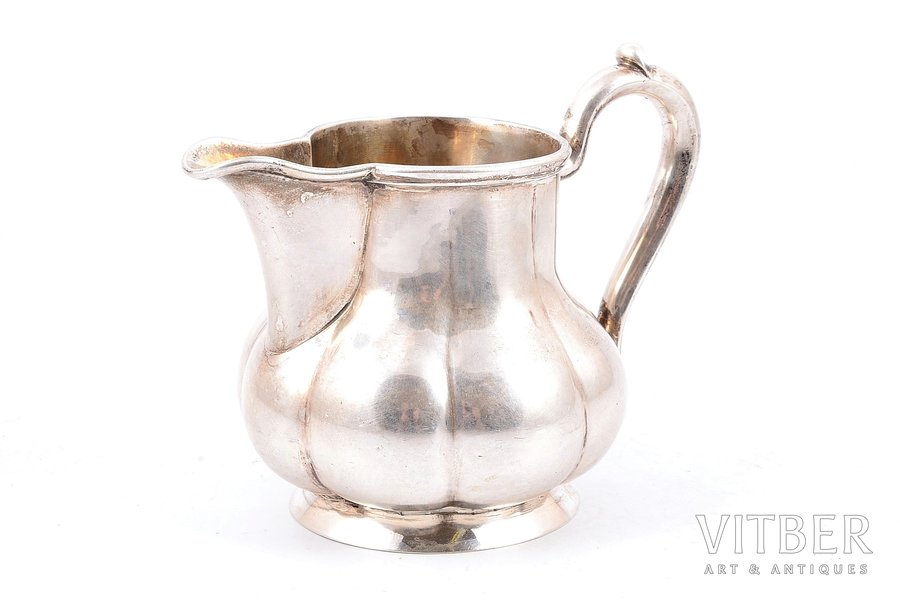 cream jug, silver, 84 standard, 208.75 g, h (with handle) - 9.5 cm, 1875, St. Petersburg, Russia, removed monogram