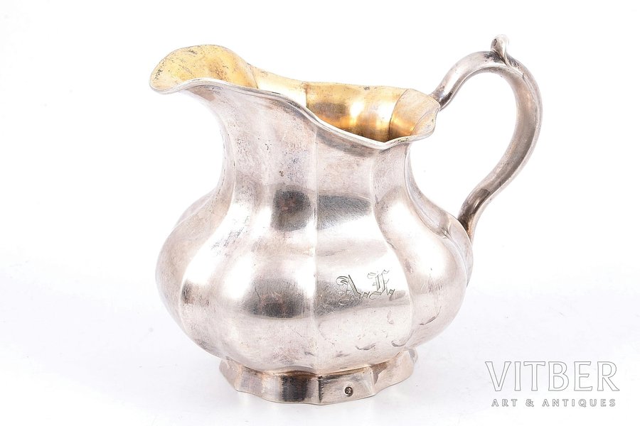 cream jug, silver, 84 standard, 143.80 g, gilding, h (with handle) - 9.7 cm, 1864, St. Petersburg, Russia