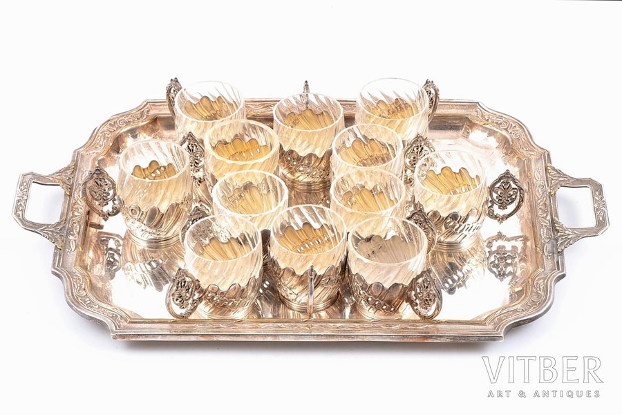 complect of 12 small liqueur silver glasses (950 standart, by Emile Puiforcat) with a silver plated tray, the end of the 19th century, (weight of silver) 226.65 g,  Paris, France, h (small glass) - 3.8 cm,  tray - 29.2 x 18.7 cm