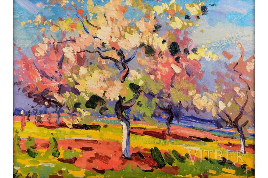 Вилюмаинис Юлийс (1909 - 1981), Цветущая яблоня, 1960 г., картон, масло, 35 x 46.5 см