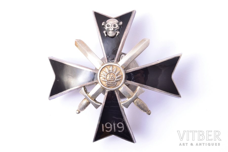 badge, Latgale Partisan Regiment, silver, Latvia, 1919, 46.8 x 47.2 mm, small enamel chips