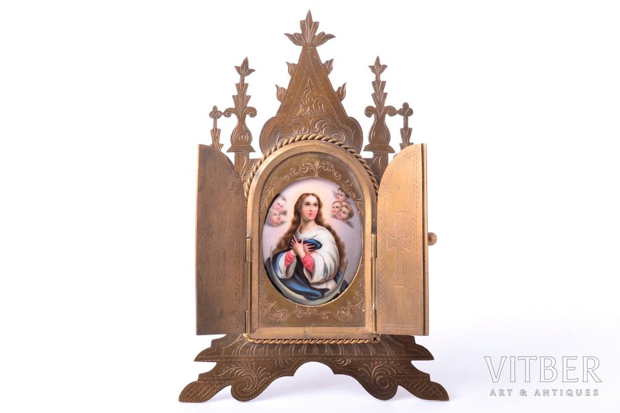 tabletop icon, Mother of God, in icon stand, hand painted, enamel, metal, 17 x 11.4 / 5.4 x 4.3 cm