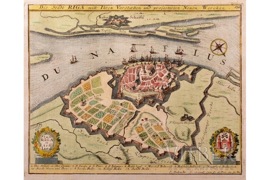 литография, колорированная, "Die Stadt Riga in Lieffland" ("Город Рига в Лифляндии"), автор Габриэль Боденер (G. Bodenehr, 1664-1758), Латвия, ~1725 г., 15.8 x 19.9 см