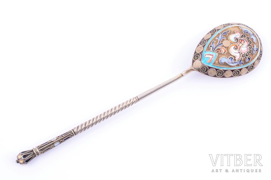 teaspoon, silver, 84 standard, 25.10 g, cloisonne enamel, 14.2 cm, workshop of Pavel Amerikatsev, 1908-1917, Moscow, Russia