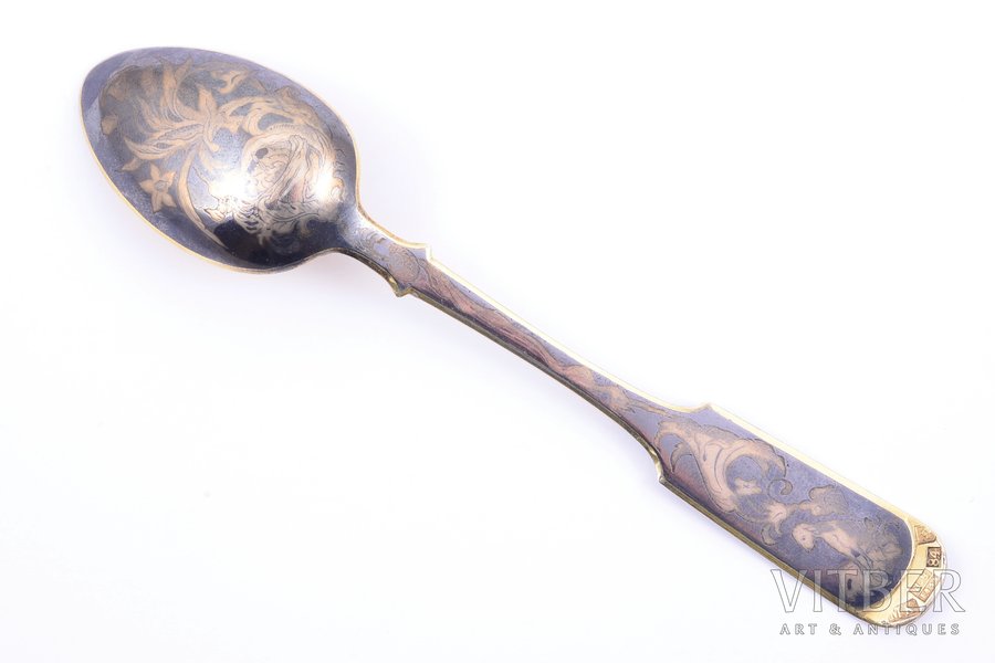 spoon, silver, 84 standard, 27.70 g, niello enamel, gilding, 14.9 cm, Michael Koshkov, 1858, Veliky Ustyug, Russia