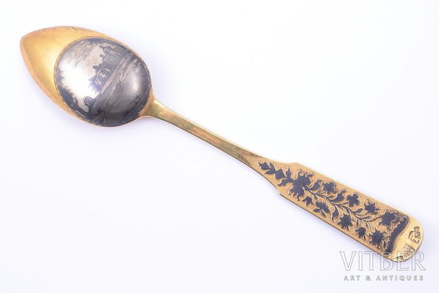 spoon, silver, 84 standard, 37.15 g, niello enamel, gilding, 17.2 cm, by Alexander Ivanov Zhilin, 1831, Veliky Ustyug, Russia