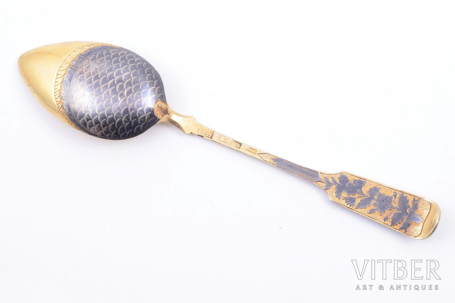 spoon, silver, 84 standard, 35.00 g, niello enamel, gilding, 17.5 cm, Zuyev Ivan, 1831, Vologda, Russia