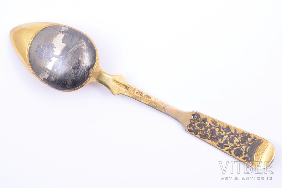 spoon, silver, 84 standard, 35.90 g, niello enamel, gilding, 16.6 cm, Scripicin Sakerdon, 1840, Vologda, Russia, restoration on the handle