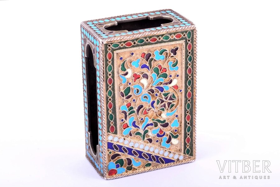 matches' holder, silver, 84 standard, 67.75 g, cloisonne enamel, gilding, 6 x 4.1 x 2.4 cm, 1908-1917, Moscow, Russia