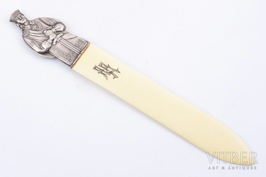 нож для писем, серебро, Девушка в народном костюме, 875 проба, общий вес изделия 73.65, кость, 33 см, Латвия
