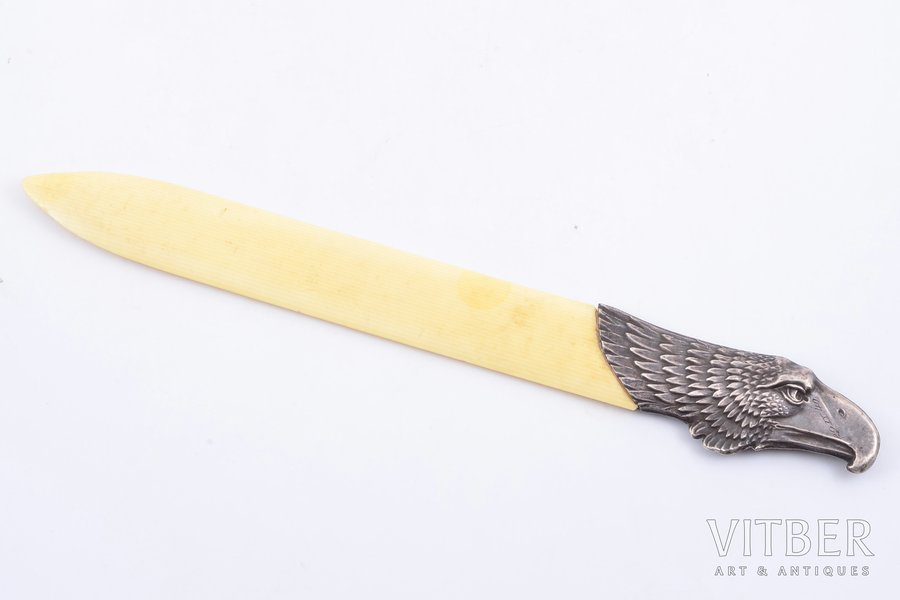 нож для писем, серебро, 875 проба, общий вес изделия 50.05, кость, 26.9 см, 1919-1940 г., Латвия