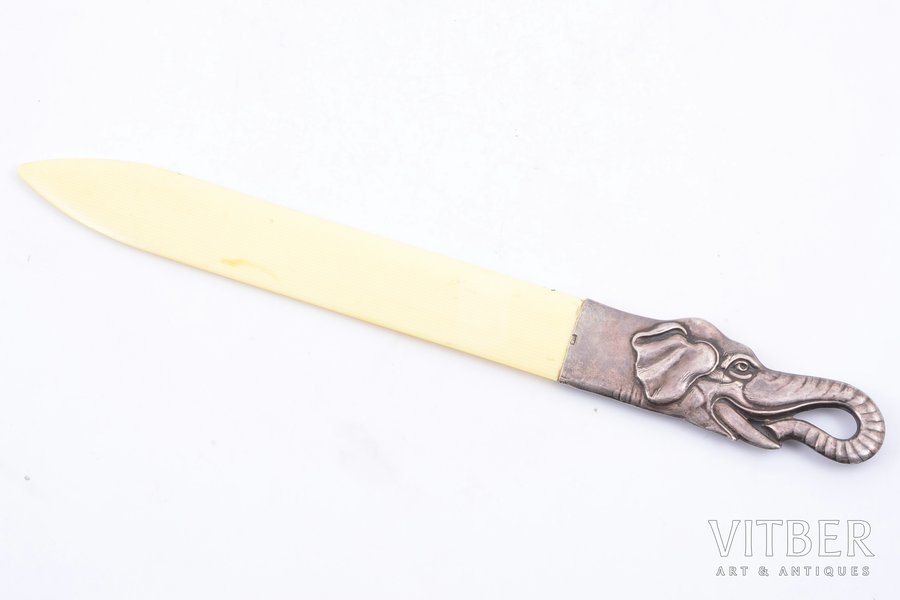 нож для писем, серебро, 875 проба, общий вес изделия 58.60, кость, 28.7 см, 1919-1940 г., Латвия