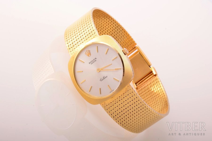 wristwatch, "Rolex", Cellini, Switzerland, gold, 585, 14 K standart, total weight 56.5 g, gold weight 50 g, Ø 26 mm, length with bracelet 19.7 or 19 cm