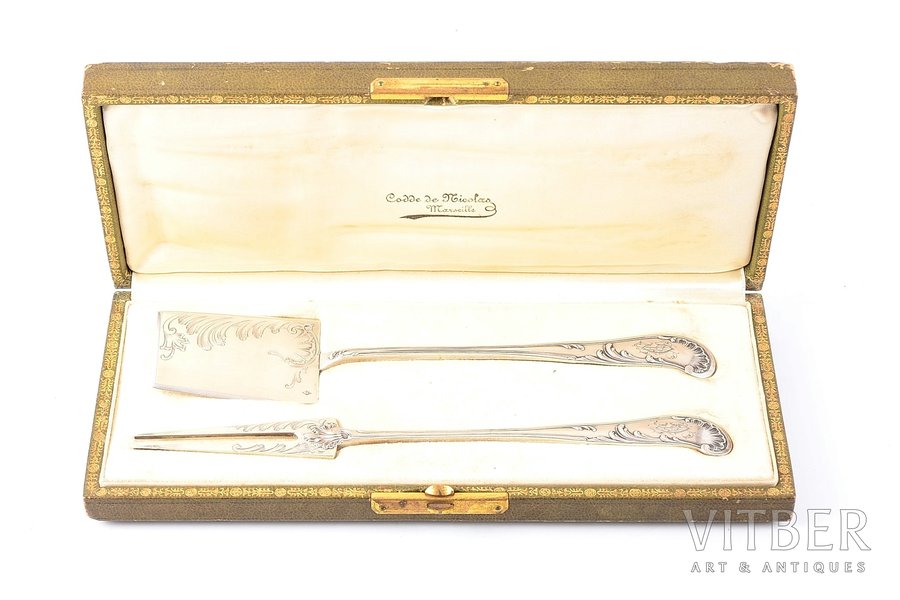 flatware set, silver, 2 pcs., 950 standard, 83.80 g, engraving, 18.5, 18.9 cm, Henri Soufflot, the middle of the 19th cent., Paris, France, with a box