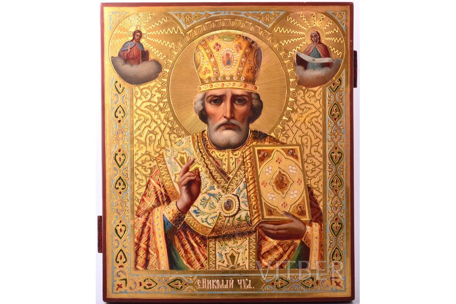 ikona, Svētais Nikolajs Brīnumdarītājs, dēlis, gleznojums, vizuļzelts, Krievijas impērija, 19. gs. beigas, 31 x 26.4 x 2.3 cm