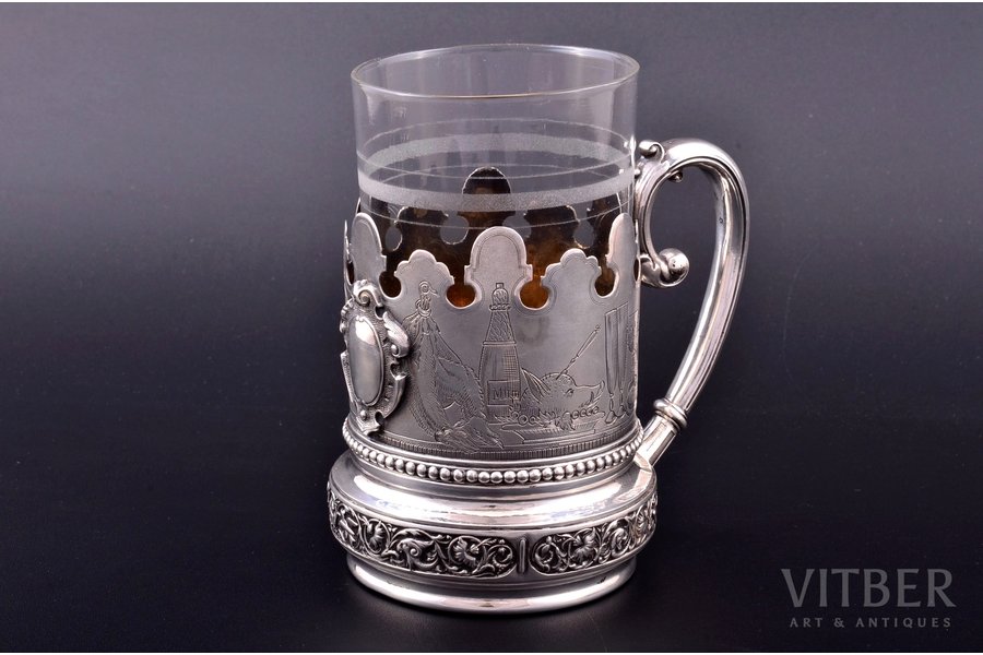 tea glass-holder, silver, with glass, 84 standart, 1887, silver weight 168.35g, by Richard Muller, by Eduard Dannenberg (joint work), Riga, Russia, h (with handle) 10 cm, Ø (inside) 6.8 cm, removed monogram