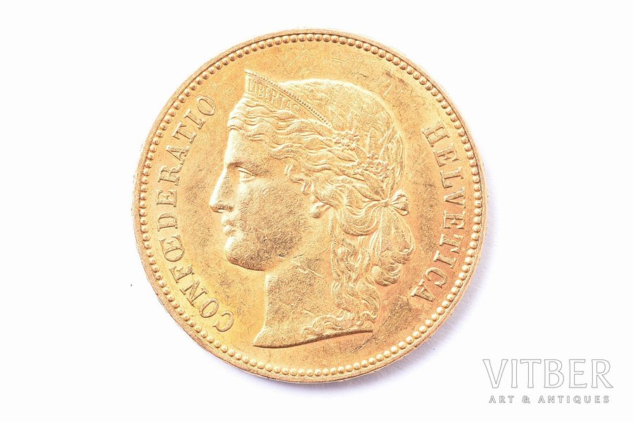 20 франков, 1895 г., B, золото, Швейцария, 6.43 г, Ø 21.3 мм, XF, 900 проба