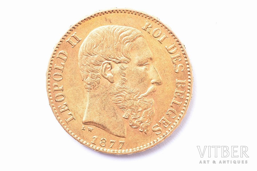 20 франков, 1877 г., золото, Бельгия, 6.44 г, Ø 21.4 мм, XF, 900 проба