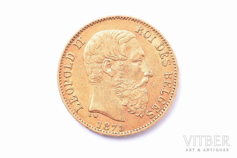 20 франков, 1875 г., золото, Бельгия, 6.41 г, Ø 21.5 мм, XF, 900 проба