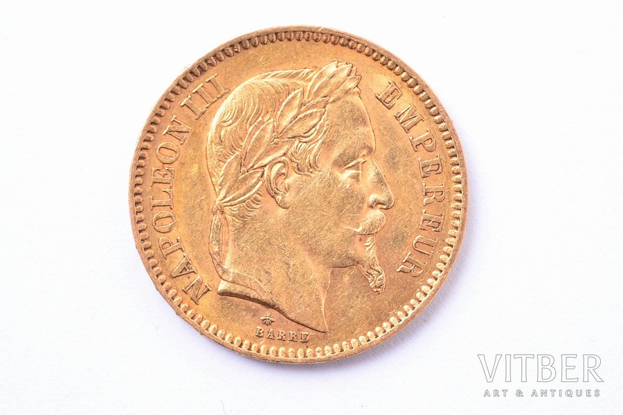 20 франков, 1864 г., A, золото, Франция, 6.42 г, Ø 21.4 мм, XF, 900 проба