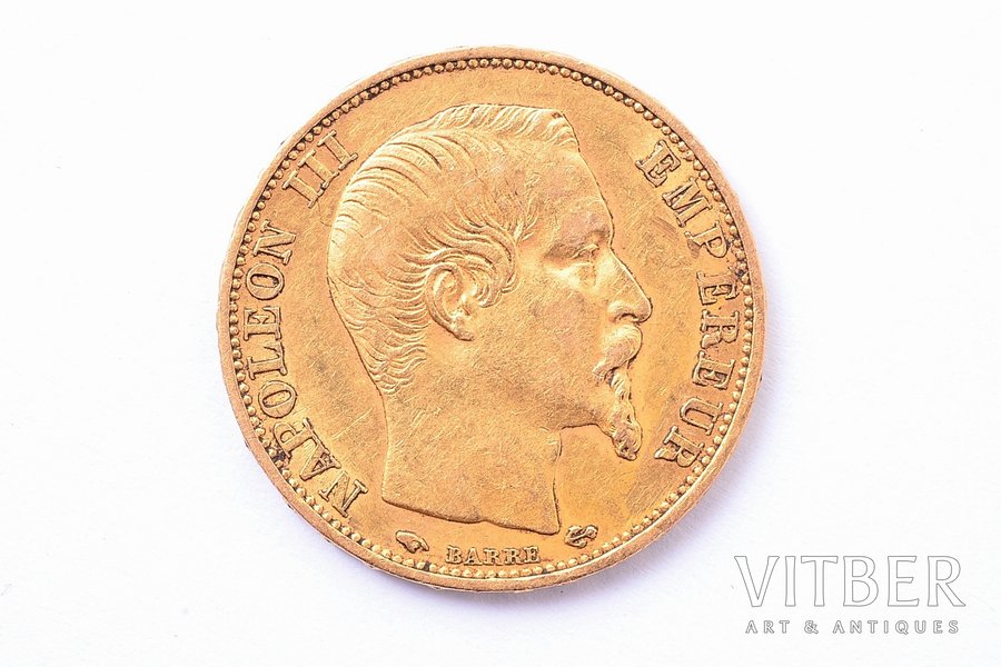 20 франков, 1859 г., A, золото, Франция, 6.44 г, Ø 21.5 мм, XF, 900 проба