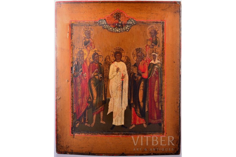 ikona, Sargeņģelis ar svētajiem, dēlis, gleznojums, zeltījums, Krievijas impērija, 19. gs. 1. puse, 33.5 x 28 x 3.2 cm
