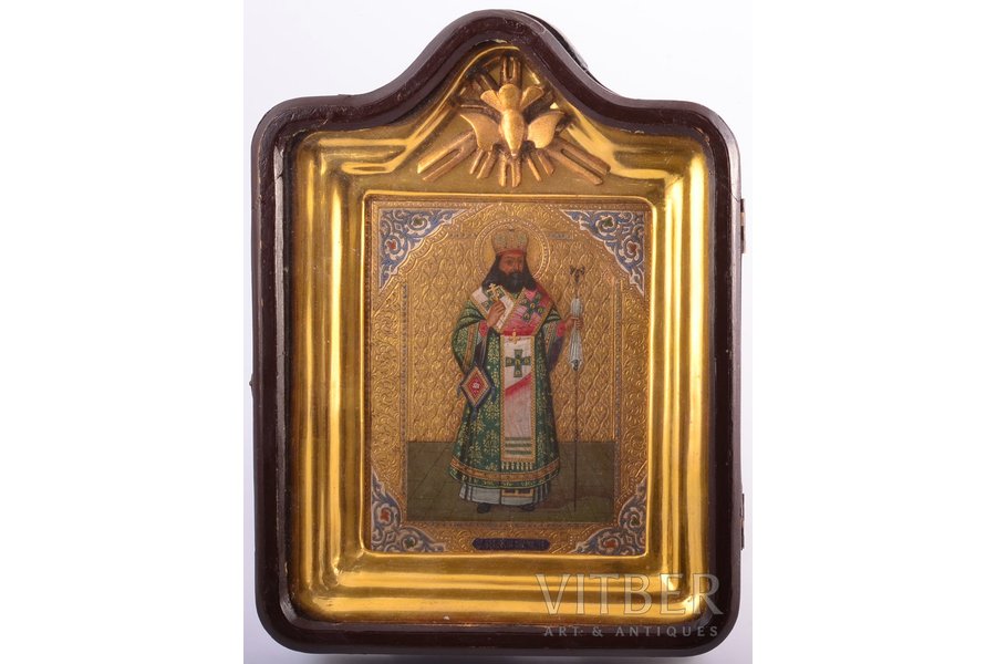 ikona, Svētais Teodosijs, Černigovas arhibīskaps; rāmī, dēlis, gleznojums, vizuļzelts, Krievijas impērija, 19. un 20. gadsimtu robeža, 29 x 22 x 6.8 / 18 x 14.4 x 2 cm