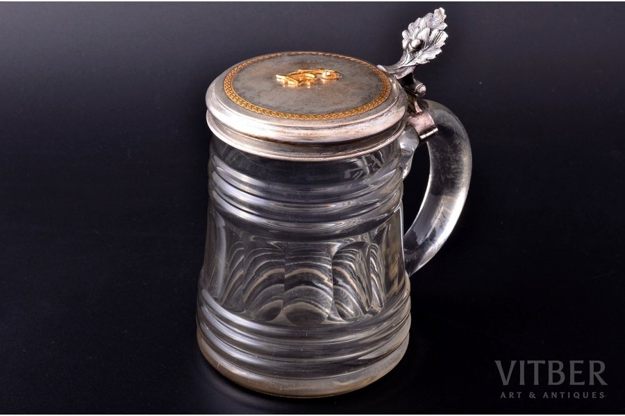 beer mug, silver, glass, gold, brilliant, ~ 0.15 carat, h 15.3 cm, without hallmarks; metal examination and confirmation of the precious stone in the Assay Office of Latvia is included in the lot price