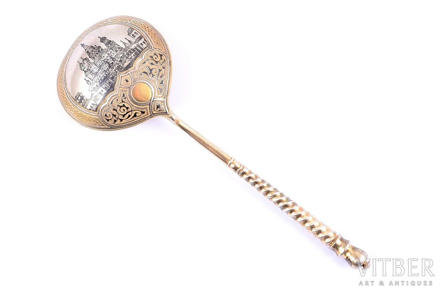 spoon, silver, 84 standard, 46.55 g, engraving, niello enamel, gilding, 15.1 cm, Vasiliy Semenov factory, 1872, Moscow, Russia
