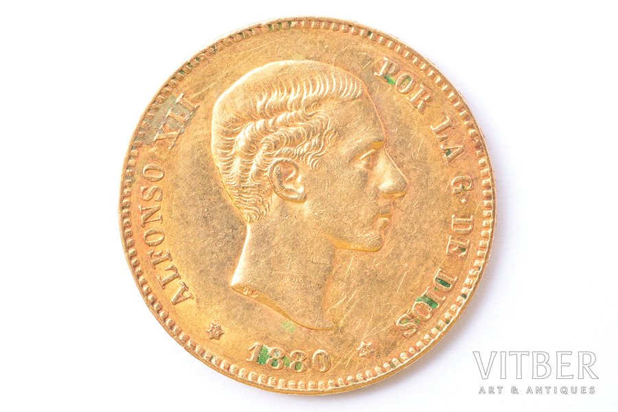 25 песет, 1880 г., M, MS, золото, Испания, 8.03 г, Ø 24 мм, XF
