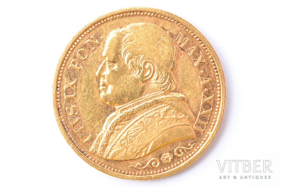 20 лир, 1868 г., R, золото, Италия, 6.40 г, Ø 21.6 мм, XF, VF