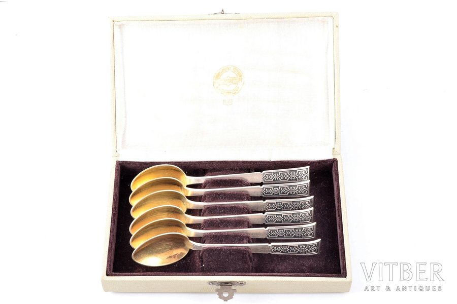 set of teaspoons, silver, 6 pcs., 875 standard, 158.10 g, gilding, 13.7 cm, the 2nd half of the 20th cent., Estonia, USSR, with a box