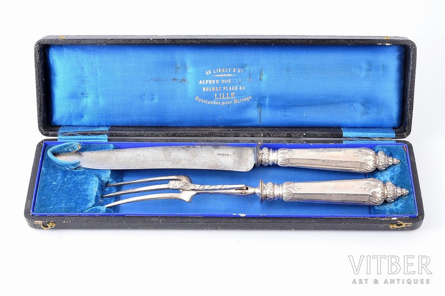 flatware set, silver, 2 pcs., 950 standard, (total weight of items) 264.60, metal, removed monogram, 28.6, 33.4 cm, France, with a box