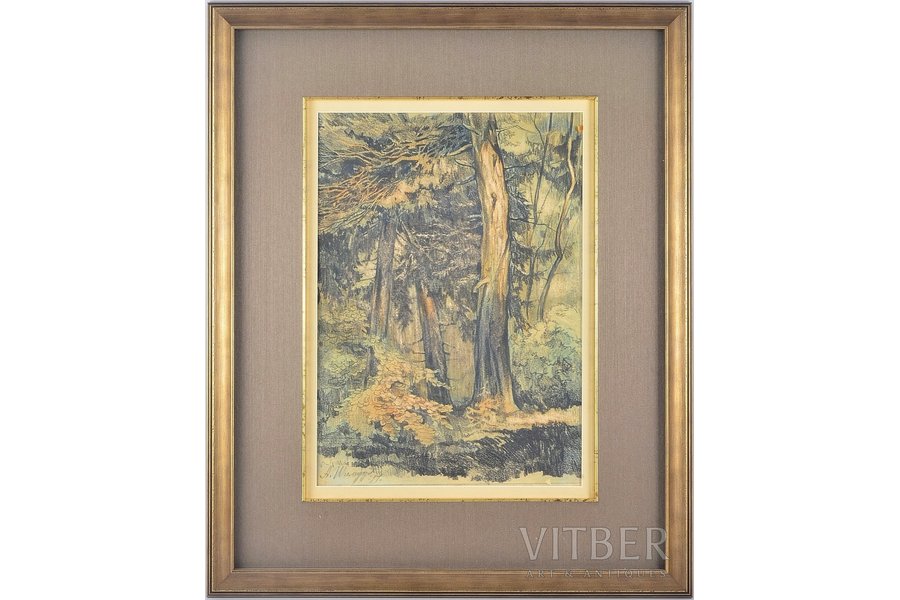 Шильдер Андрей Николаевич (1861—1919), Лесной пейзаж, 1917 г., бумага, смешанная техника, 32 x 22.8 см