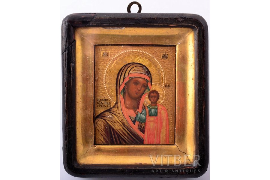icon, Our Lady of Kazan, in icon case, board, painting, gold leafy, 84 standard, Russia, the end of the 19th century, 8.6 x 7 x 1.2  /  13.3 x 11.9 x 3.8 cm