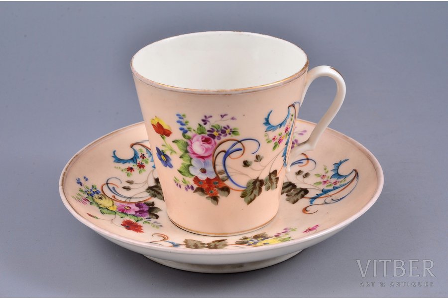 tea pair, hand painted, porcelain, A. Popov manufactory, Russia, the 19th cent., h (cup) 6.8 cm, Ø (saucer) 13.4 cm
